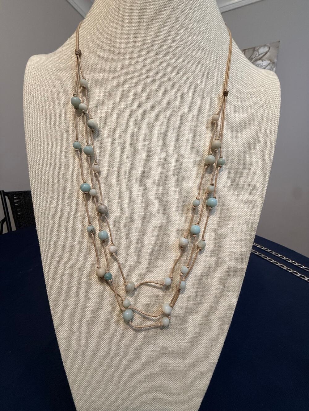 Vintage Multi Strand Amazonite Bead Cord Necklace 30”